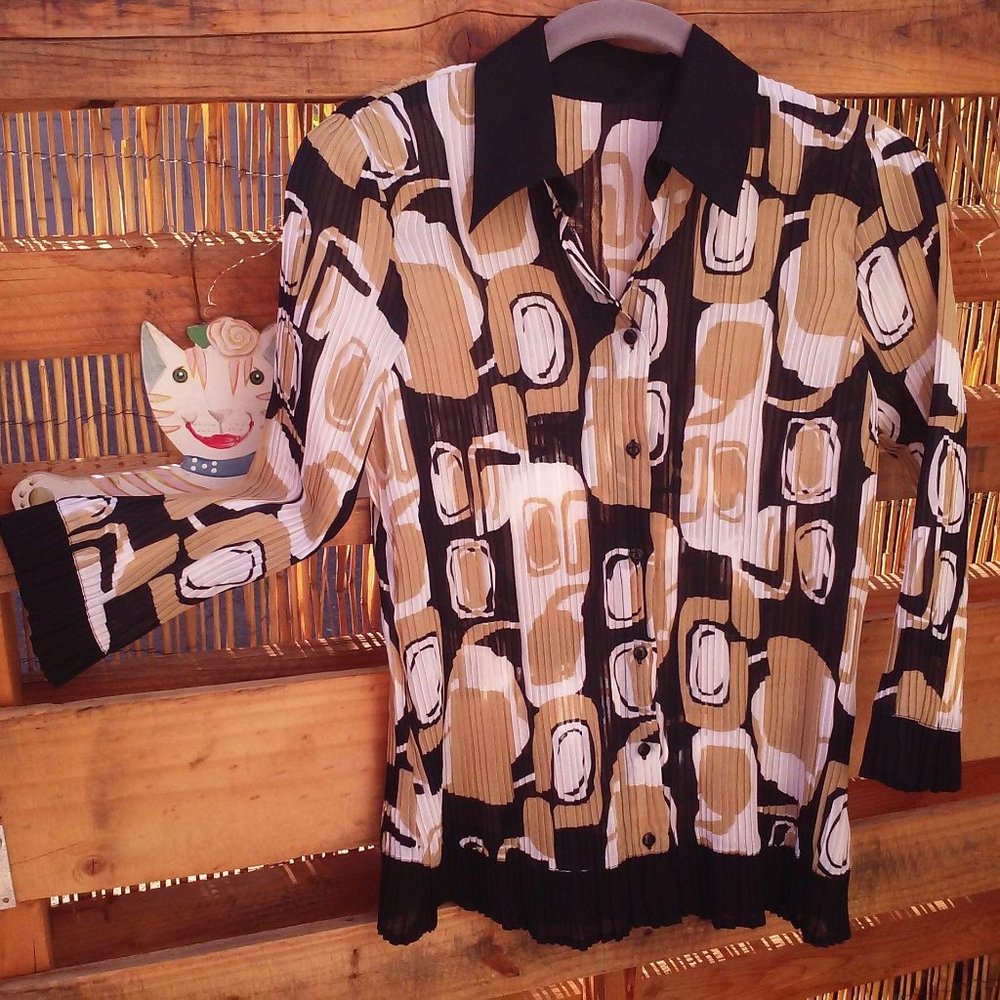 Vintage Y2K Pleated Blouse Sz-L Ringer Mod Print